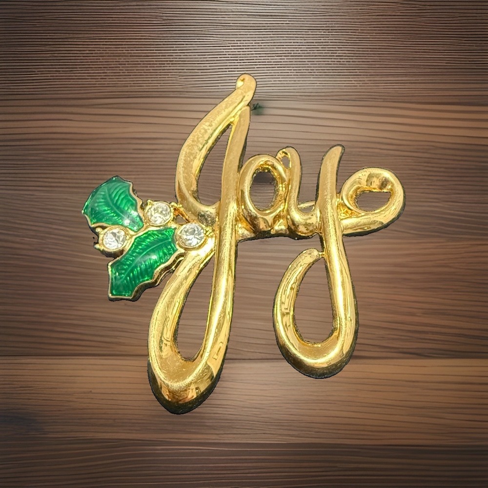 MONET Signed Christmas "Joy" Brooch w/Enameled Holly & Rhinestone Accents VTG